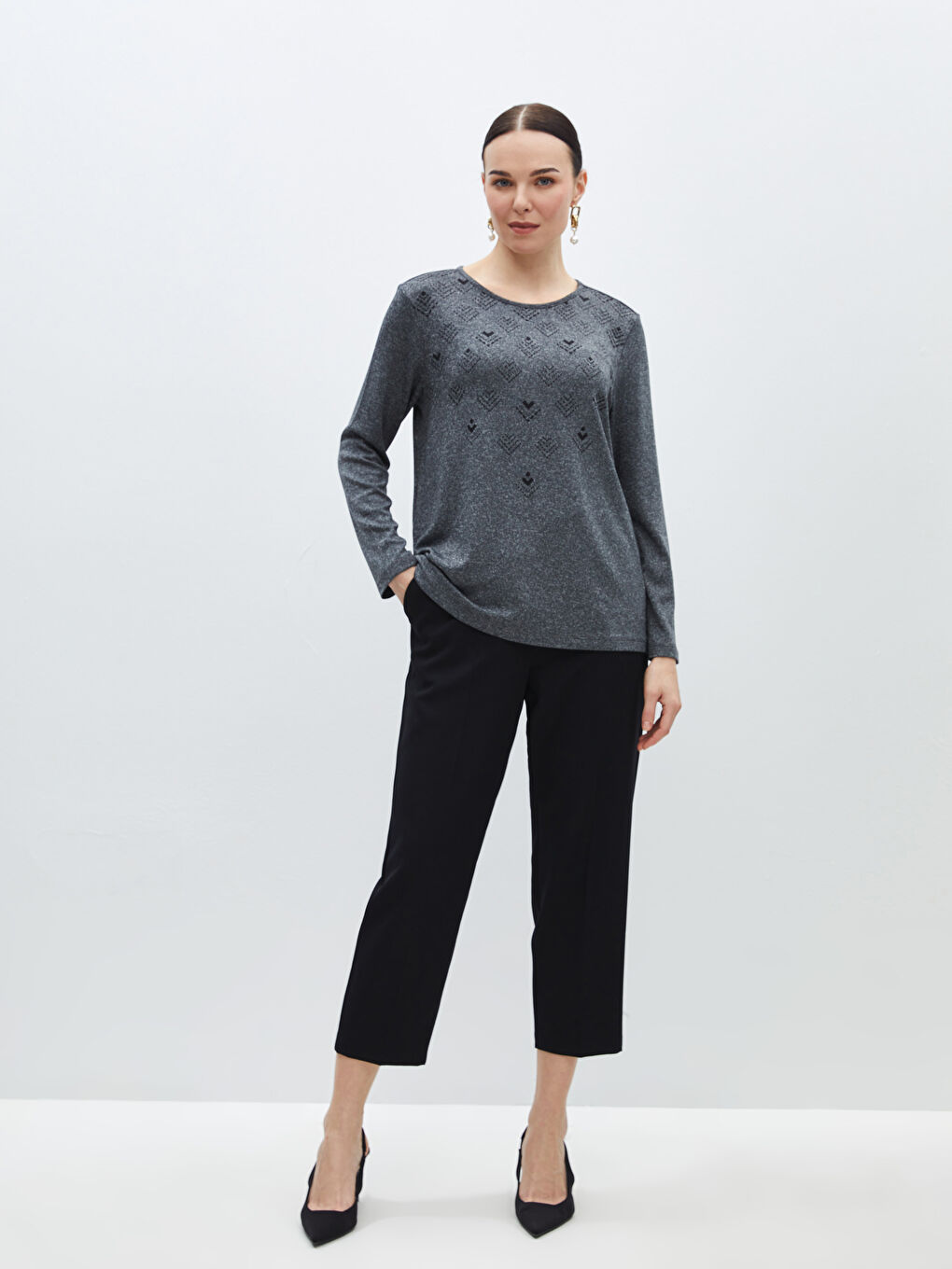Blouse à Manches Longues Imprimée à Col Rond pour Femmes-2