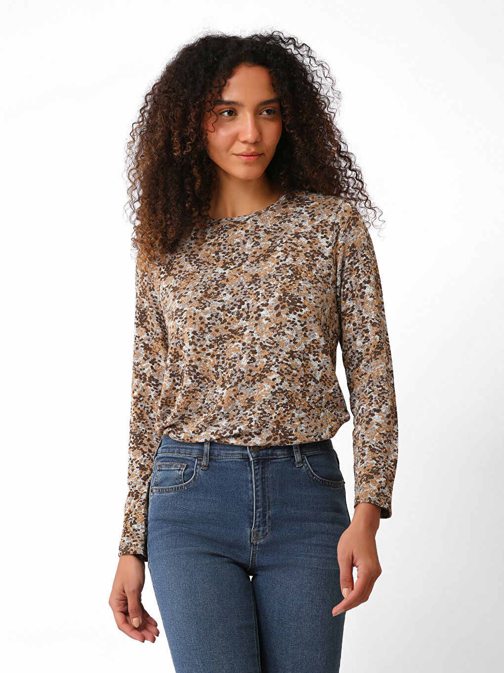 Crew Neck Patterned Long Sleeve Women's T-Shirt -W3DA39Z8-LQA