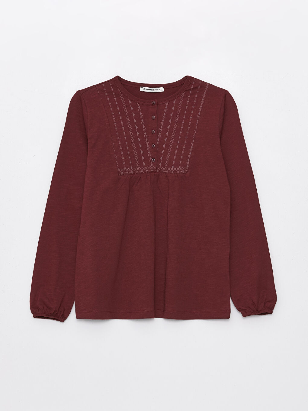 بلوزة كم طويل منقوشة بياقة دائرية للسيدات-5