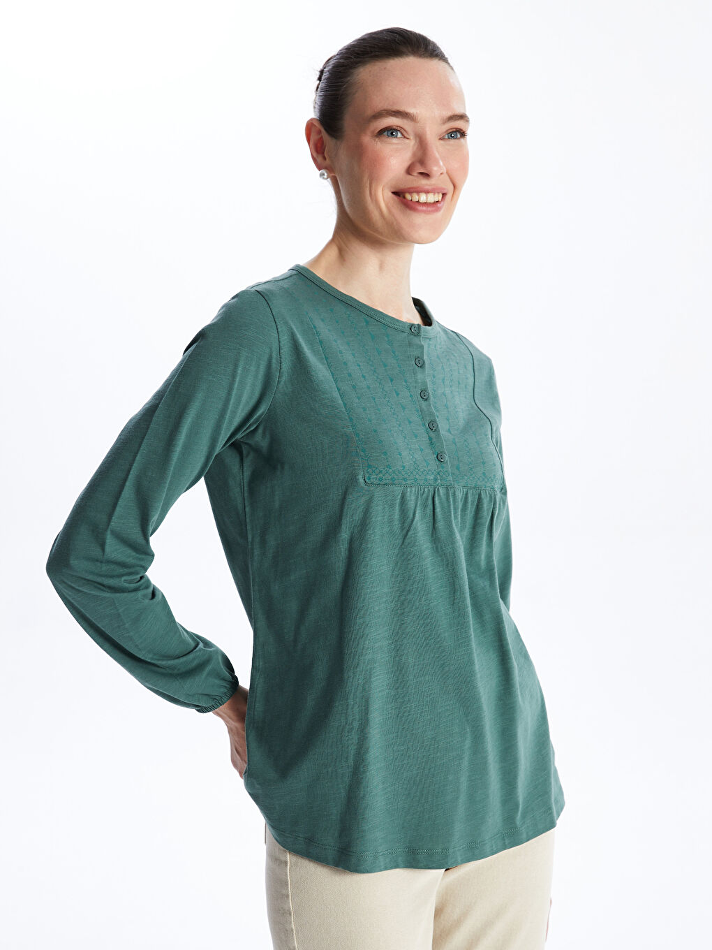 Crew Neck Patterned Long Sleeve Women's Blouse