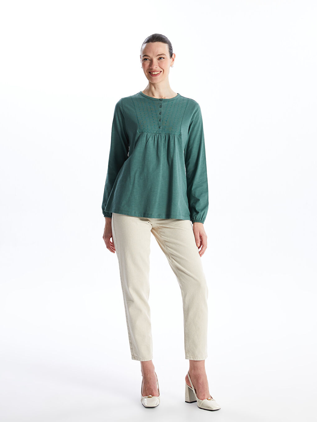 Crew Neck Patterned Long Sleeve Women's Blouse-1