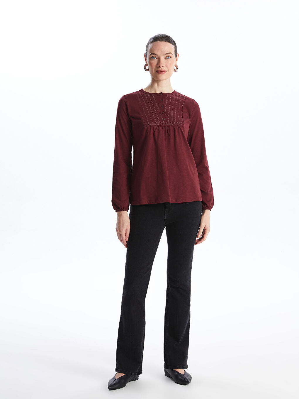 بلوزة كم طويل منقوشة بياقة دائرية للسيدات-2