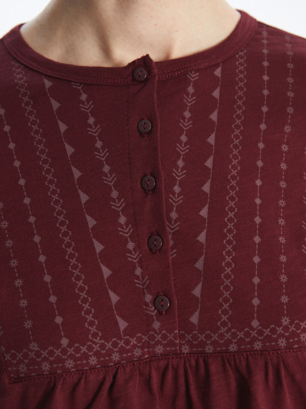 بلوزة كم طويل منقوشة بياقة دائرية للسيدات-3