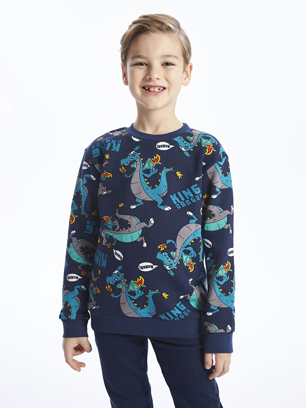 LCW Kids Lacivert Baskılı Bisiklet Yaka Baskılı Uzun Kollu Erkek Çocuk Sweatshirt