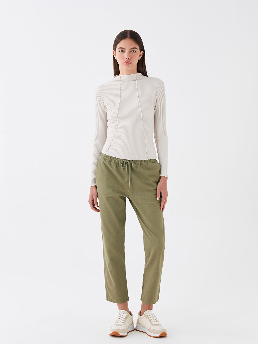 Yeşil Beli Lastikli Rahat Kalıp Kadın Pantolon-1