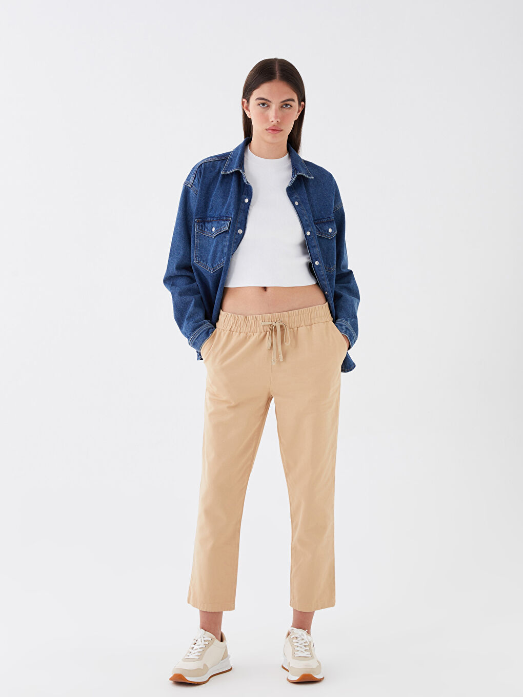 Bej Beli Lastikli Rahat Kalıp Kadın Pantolon