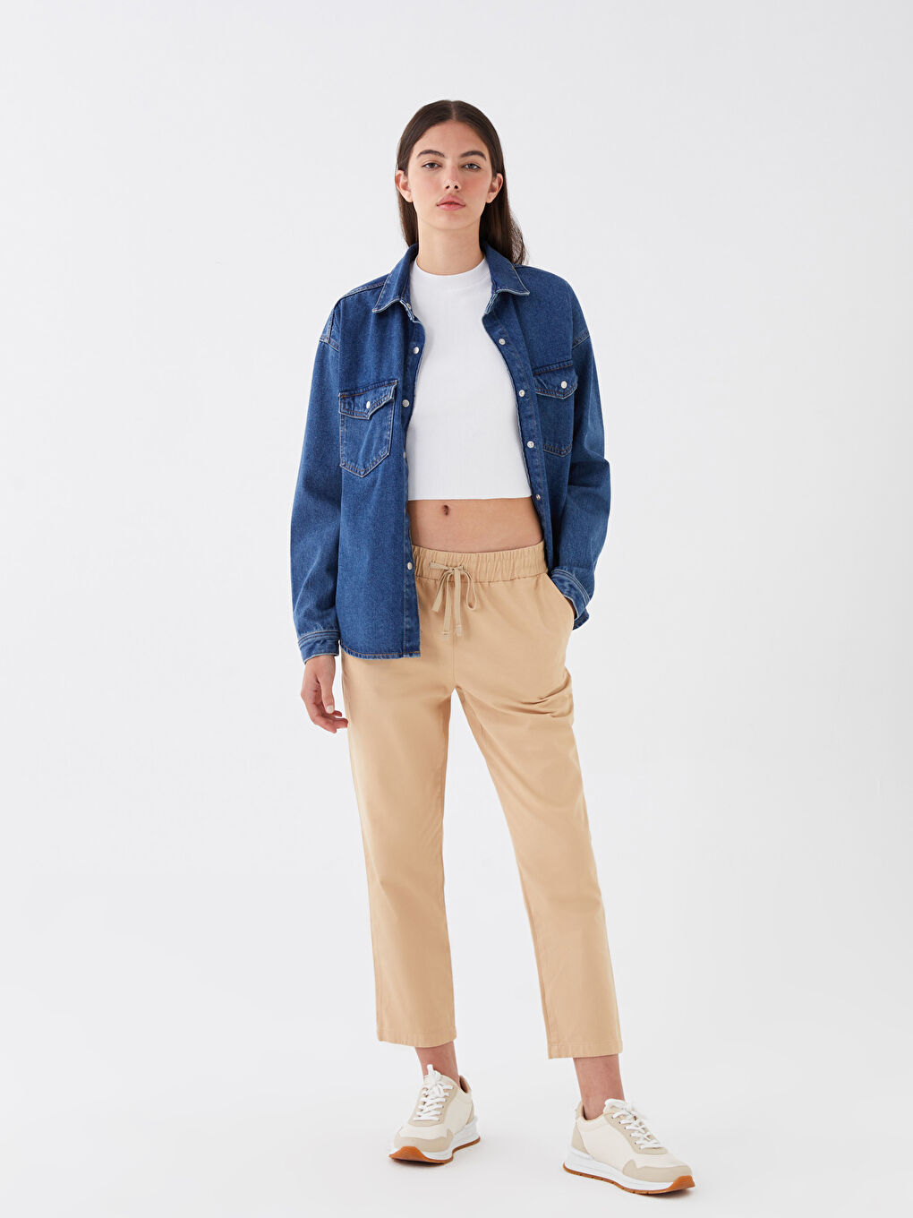 Bej Beli Lastikli Rahat Kalıp Kadın Pantolon-1