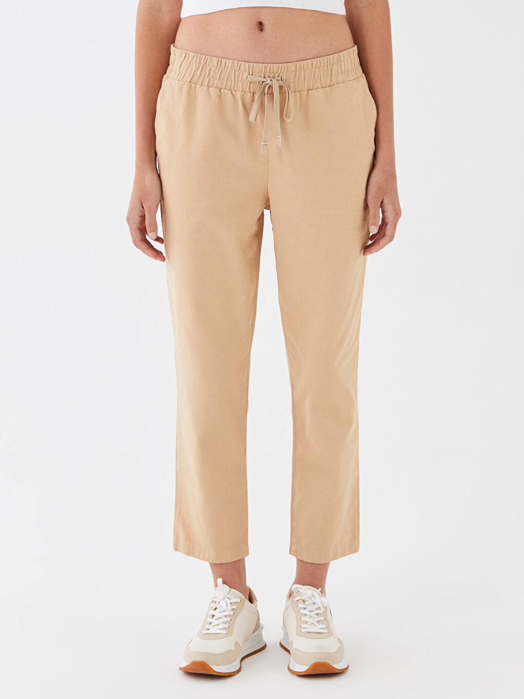 Bej Beli Lastikli Rahat Kalıp Kadın Pantolon-2