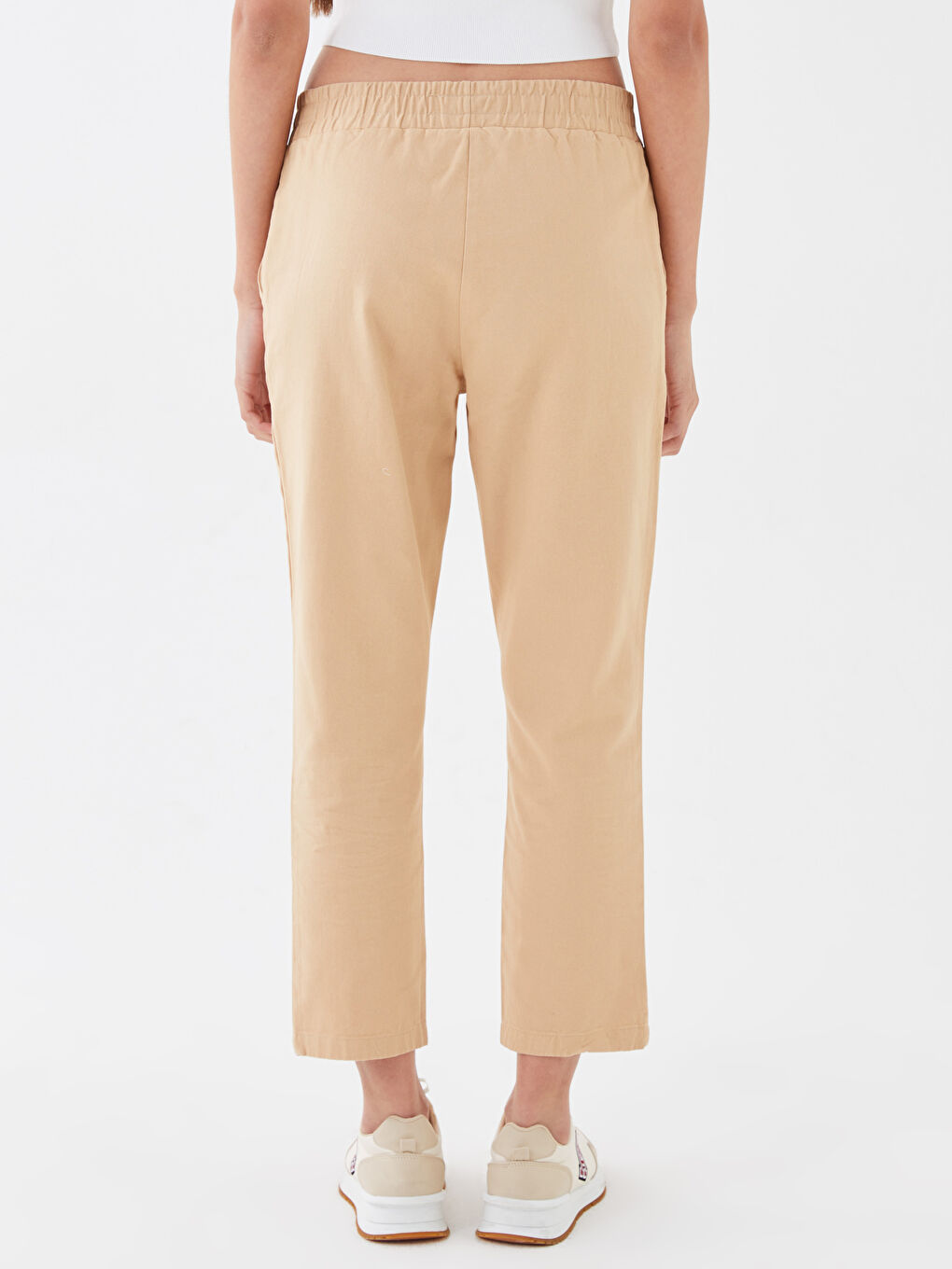 Bej Beli Lastikli Rahat Kalıp Kadın Pantolon-4