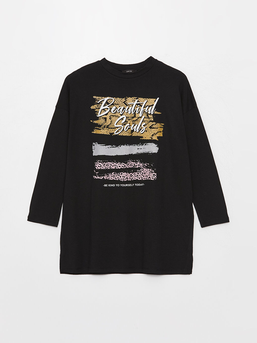 Siyah Dik Yaka Baskılı Uzun Kollu Kadın Tunik-5