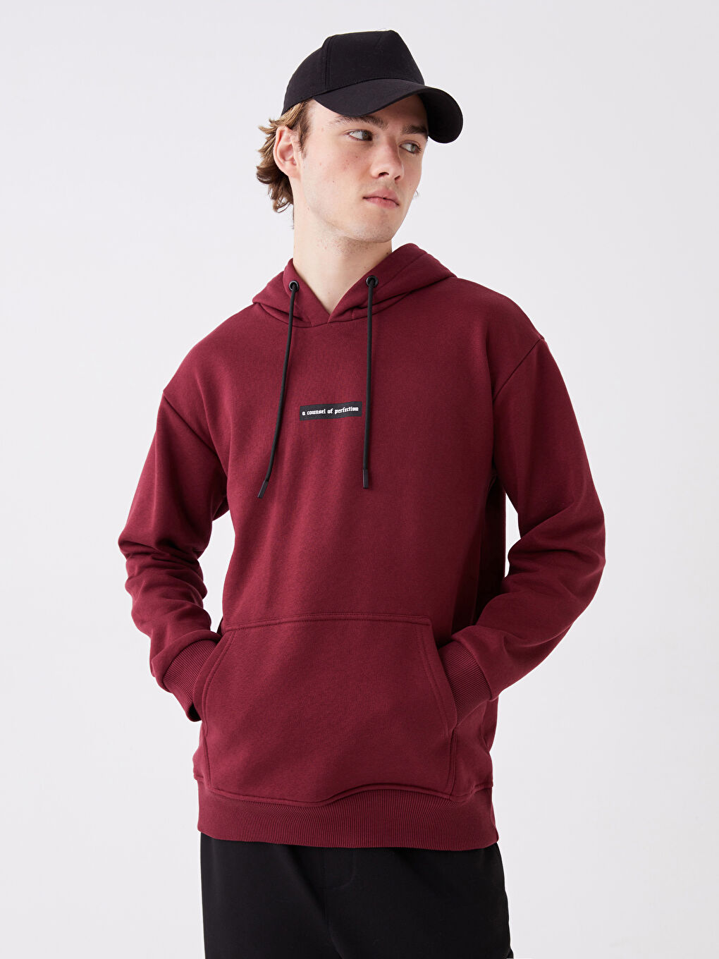 LCW Casual Bordo Uzun Kollu Baskılı Erkek Hoodie