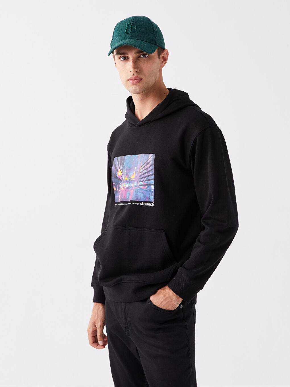 LCW Casual Yeni Siyah Uzun Kollu Baskılı Erkek Hoodie