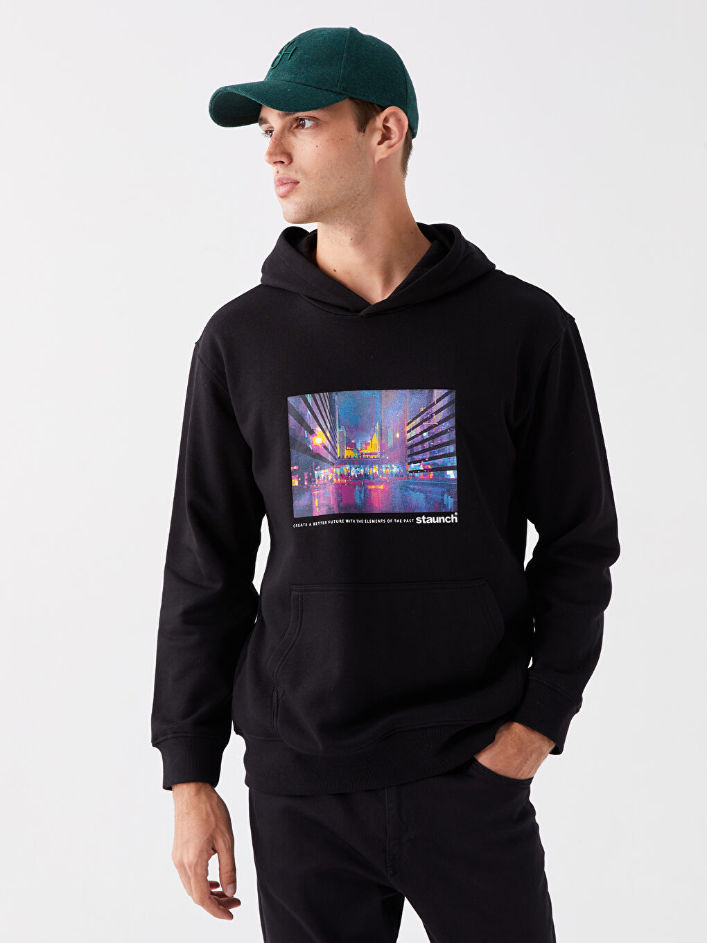 LCW Casual Yeni Siyah Uzun Kollu Baskılı Erkek Hoodie - 1