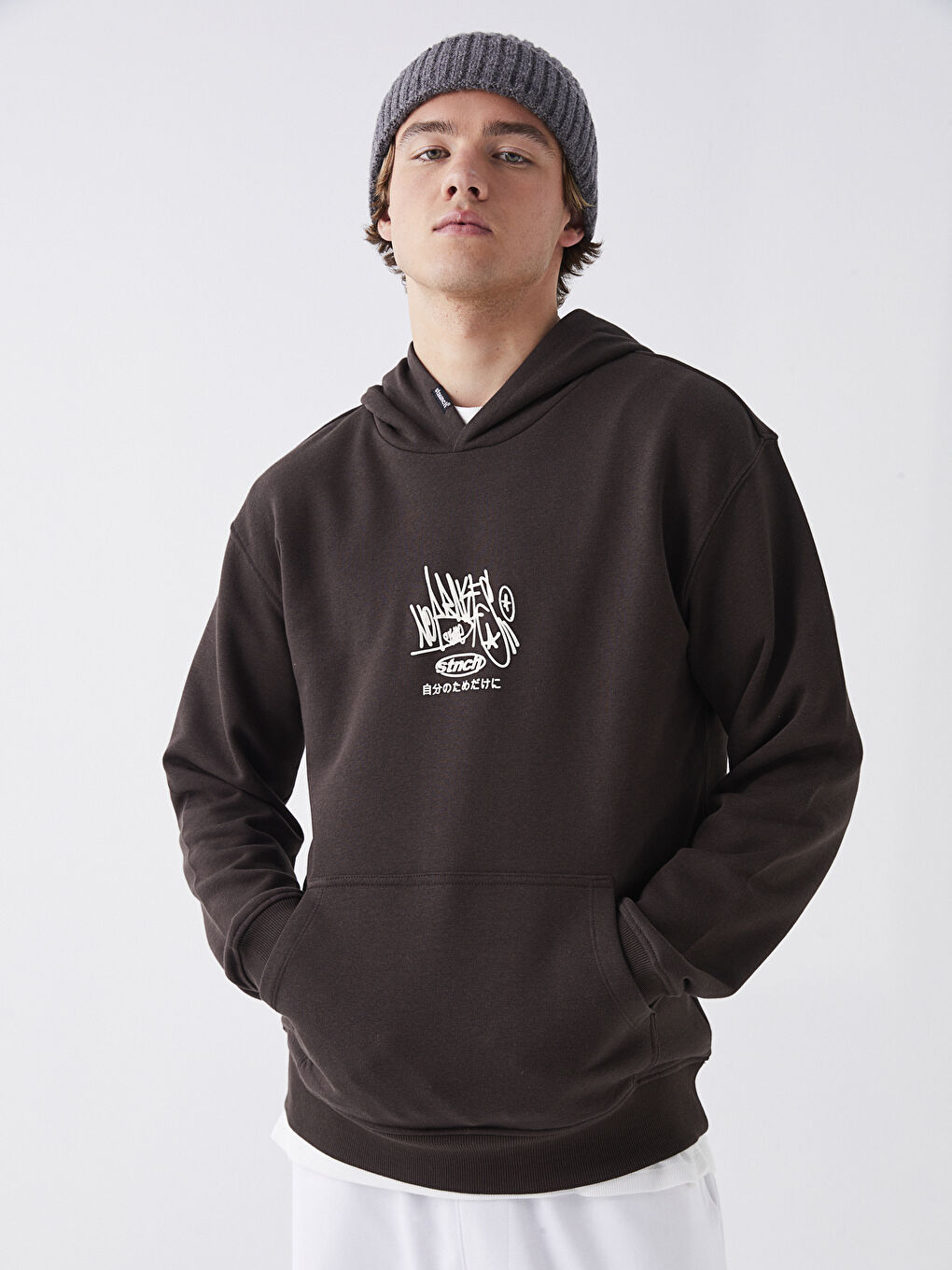 LCW Casual Kahverengi Uzun Kollu Baskılı Erkek Kalın Hoodie