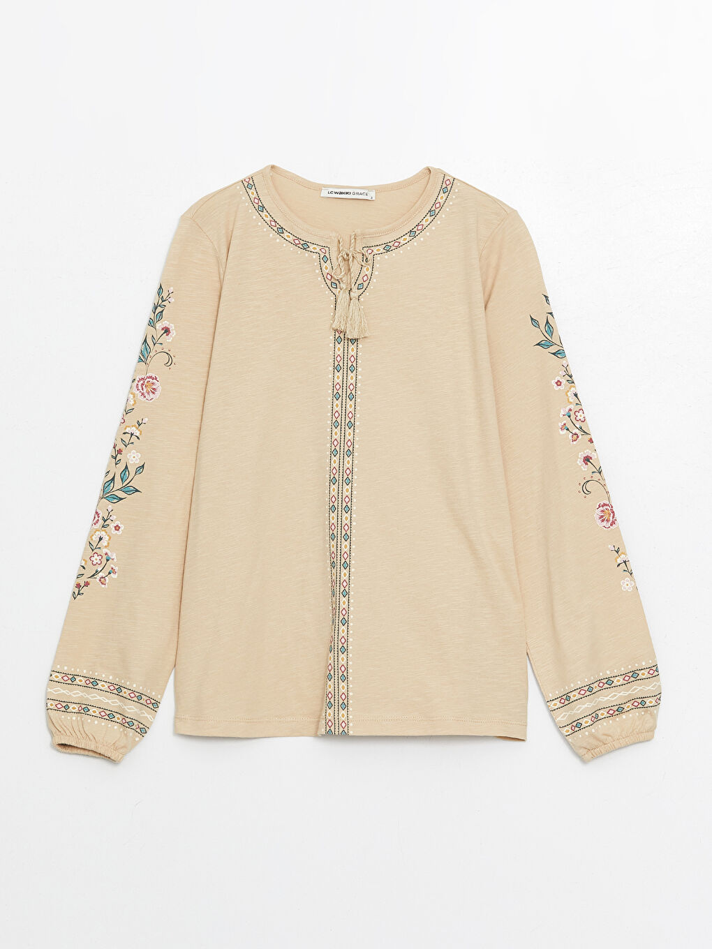 Tie Neck Patterned Long Sleeve Women's Blouse-4