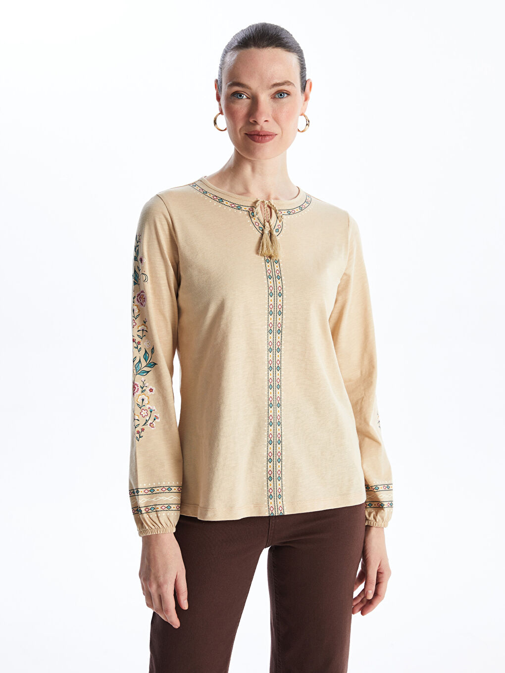 Tie Neck Patterned Long Sleeve Women's Blouse