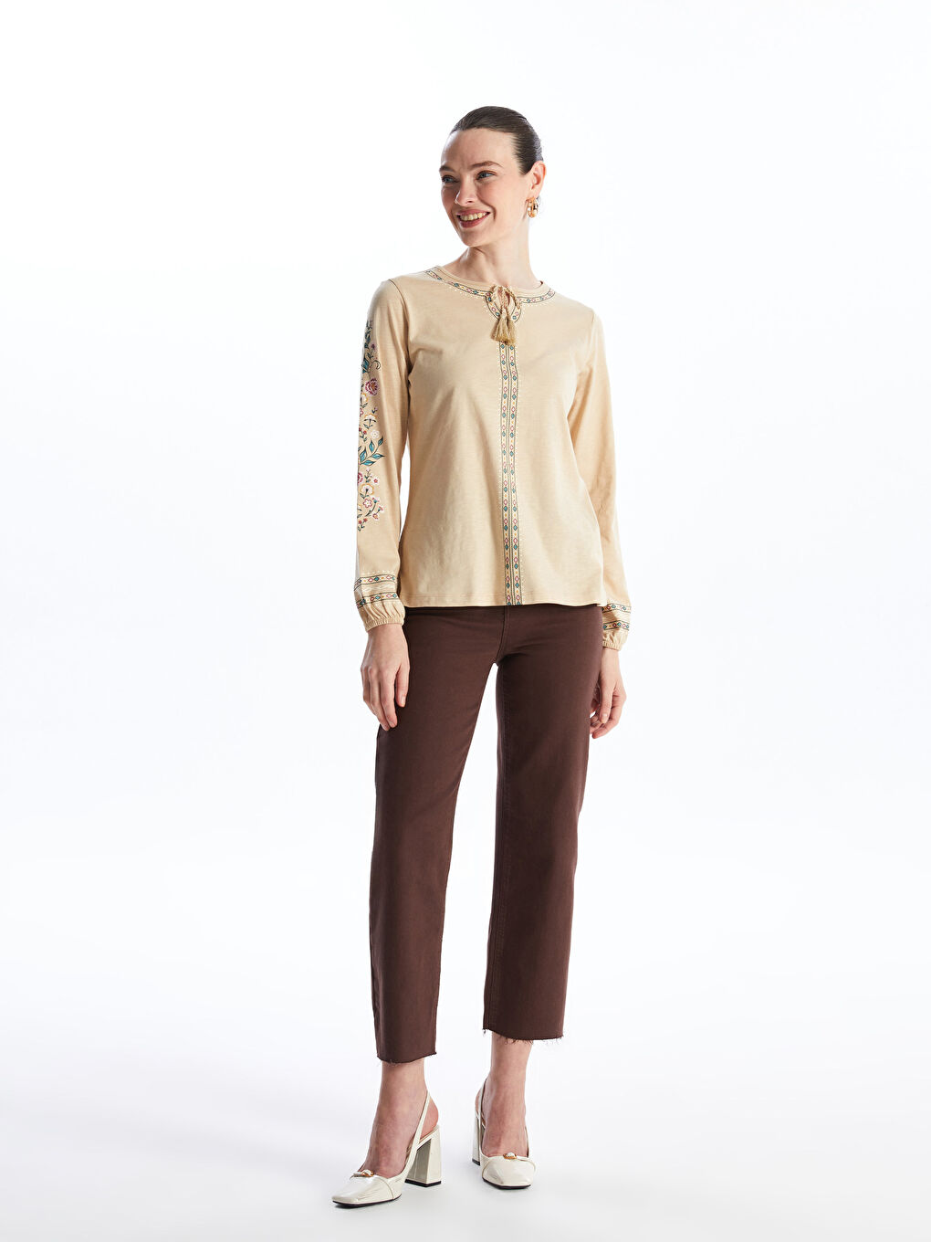 Tie Neck Patterned Long Sleeve Women's Blouse-1