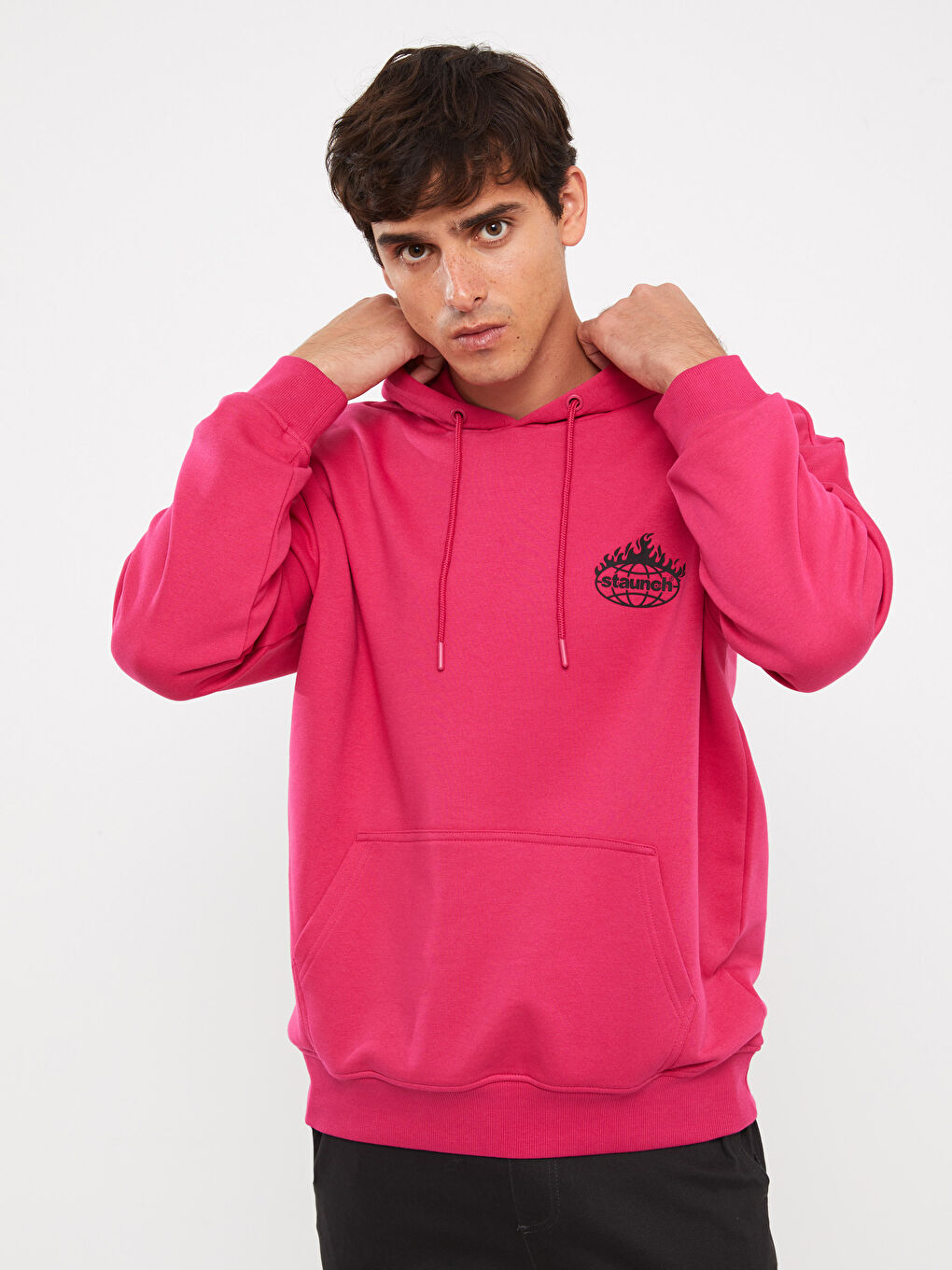 LCW Casual Fuşya Uzun Kollu Baskılı Erkek Hoodie