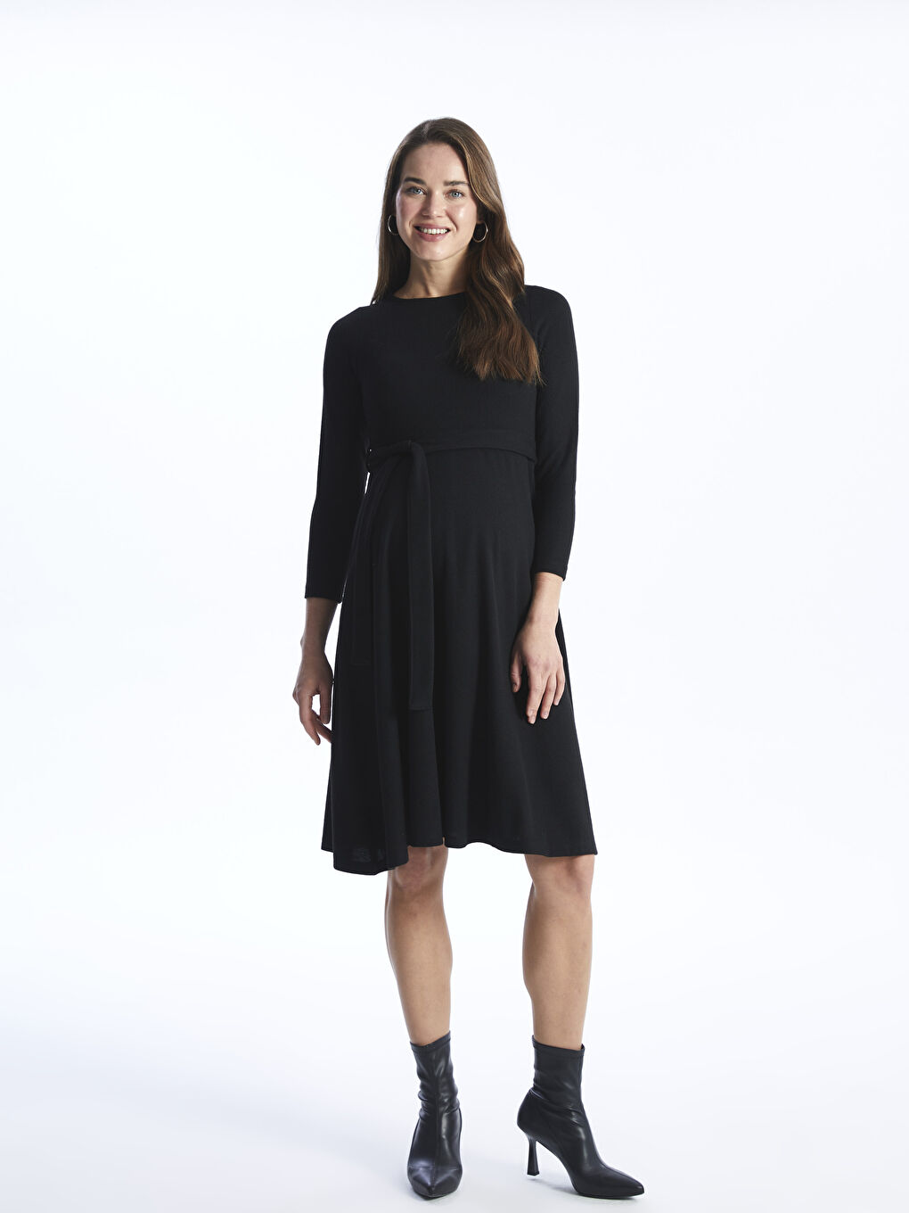 Siyah Bisiklet Yaka Düz Uzun Kollu Hamile Elbise-1