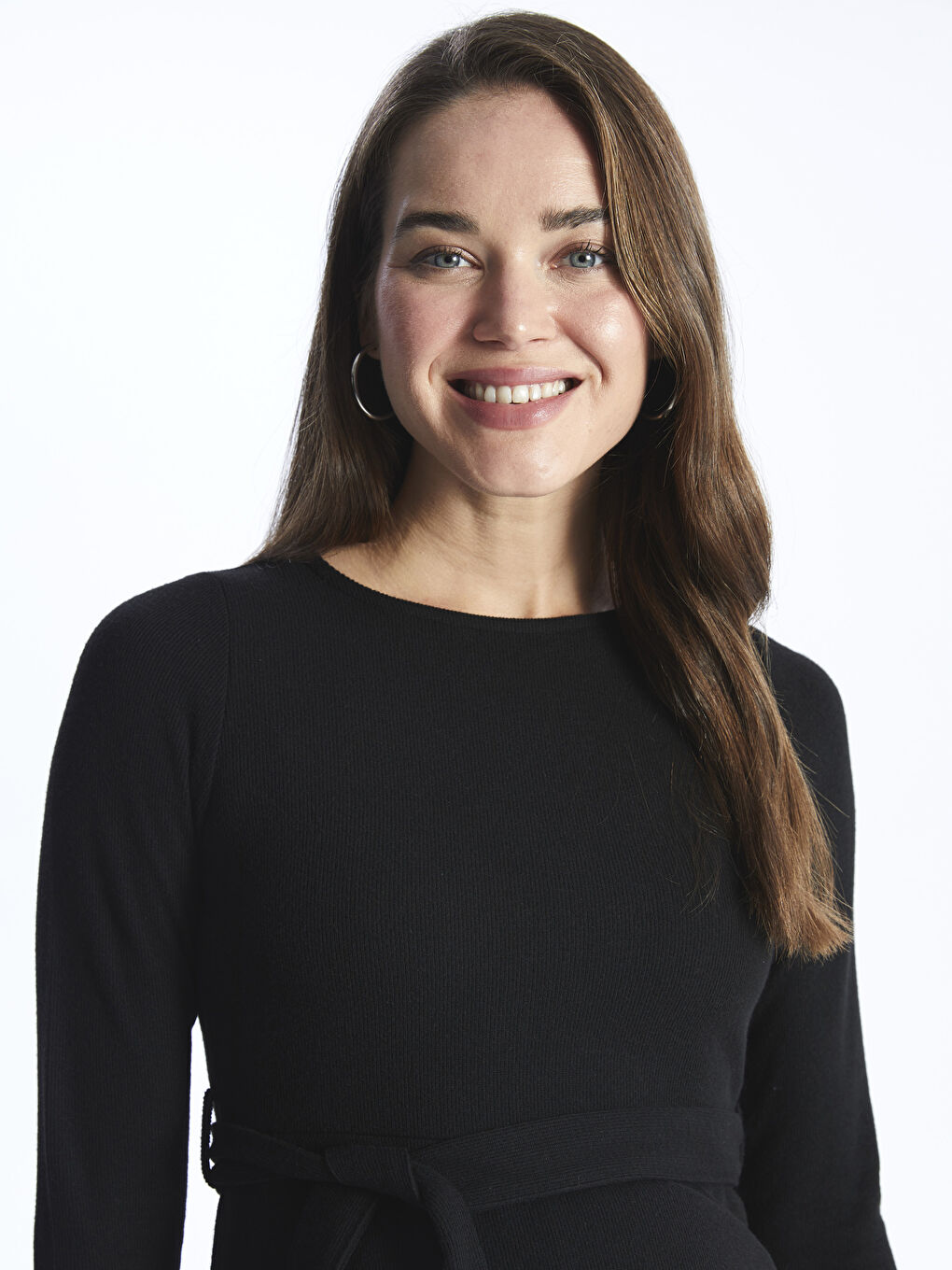 Siyah Bisiklet Yaka Düz Uzun Kollu Hamile Elbise-2