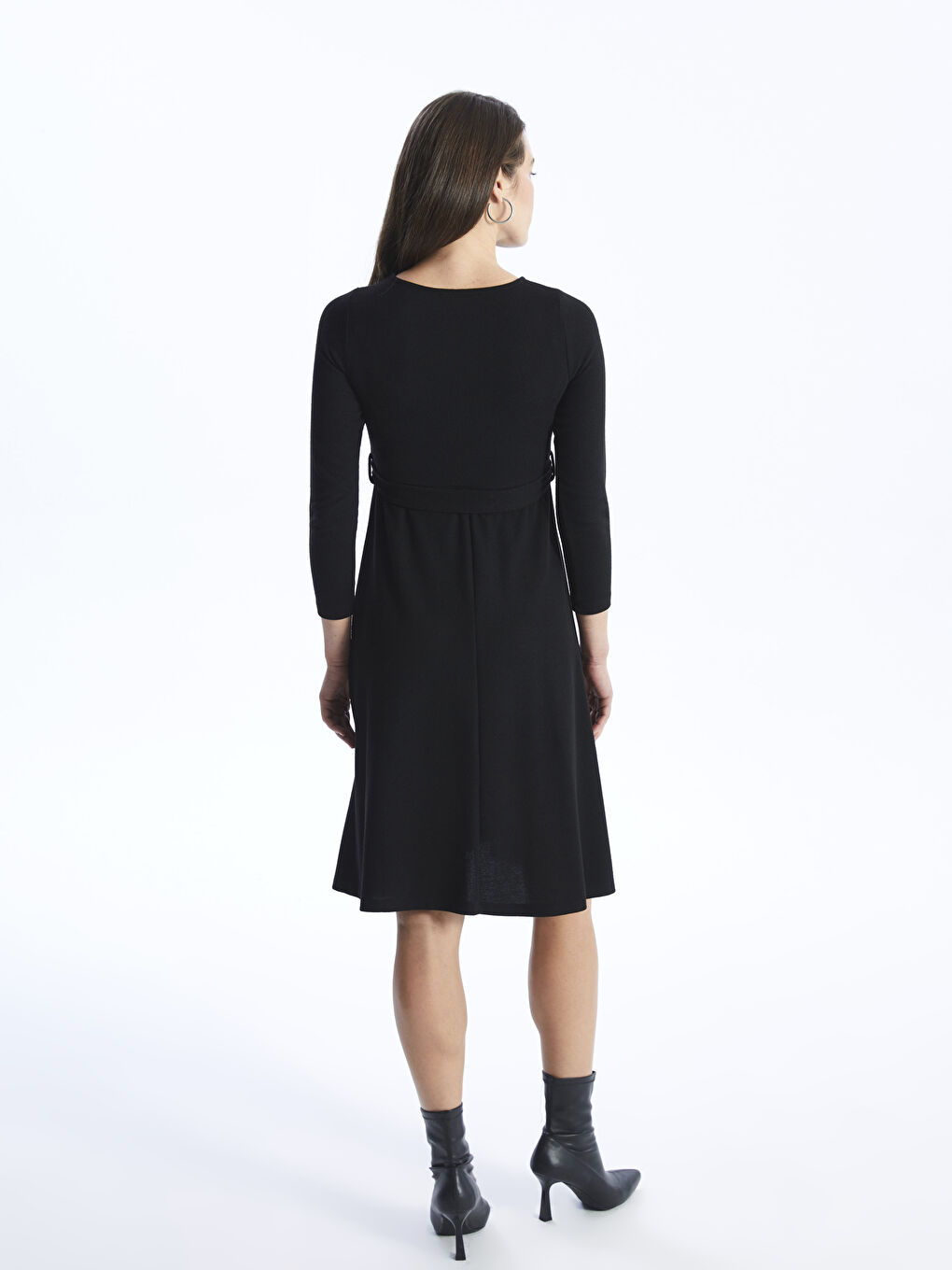 Siyah Bisiklet Yaka Düz Uzun Kollu Hamile Elbise-4