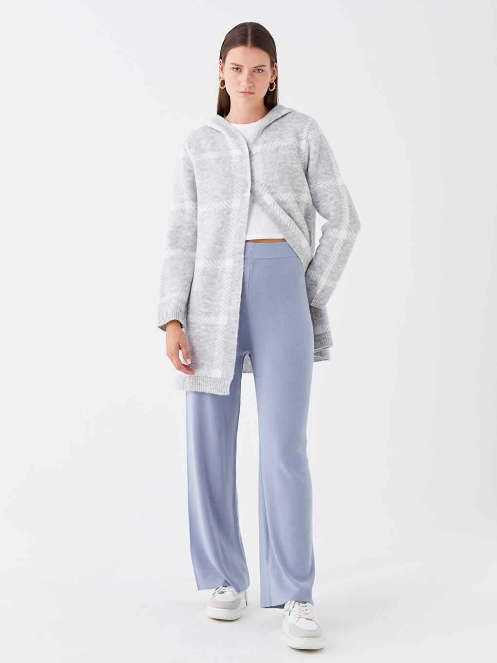 Mavi Beli Lastikli Düz Geniş Paça Kadın Triko Pantolon