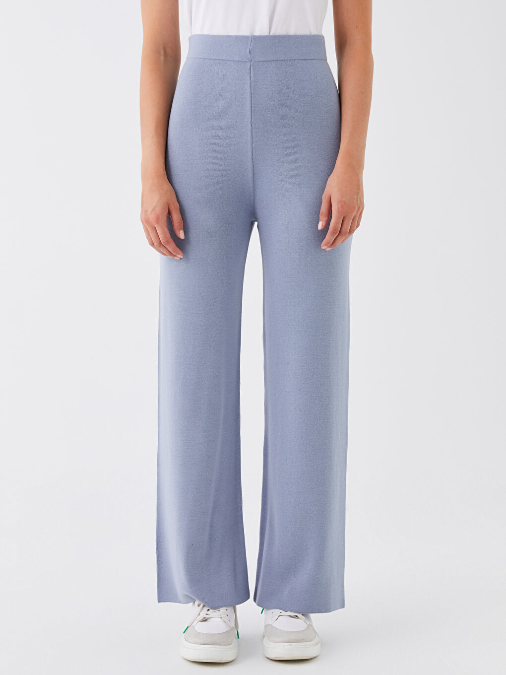 Mavi Beli Lastikli Düz Geniş Paça Kadın Triko Pantolon-1