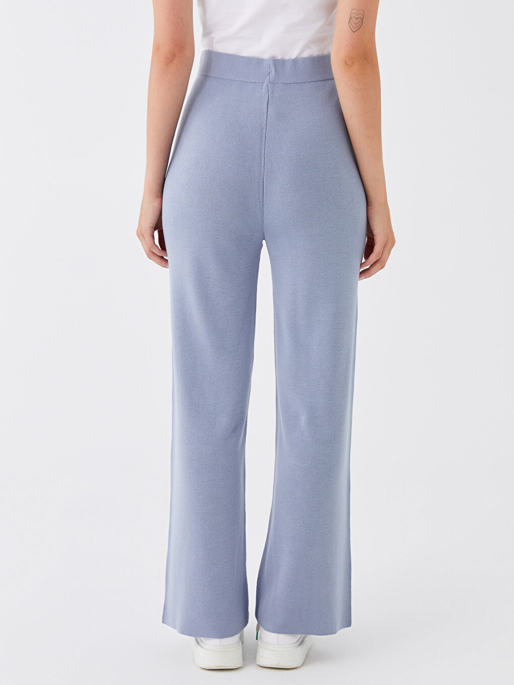 Mavi Beli Lastikli Düz Geniş Paça Kadın Triko Pantolon-4