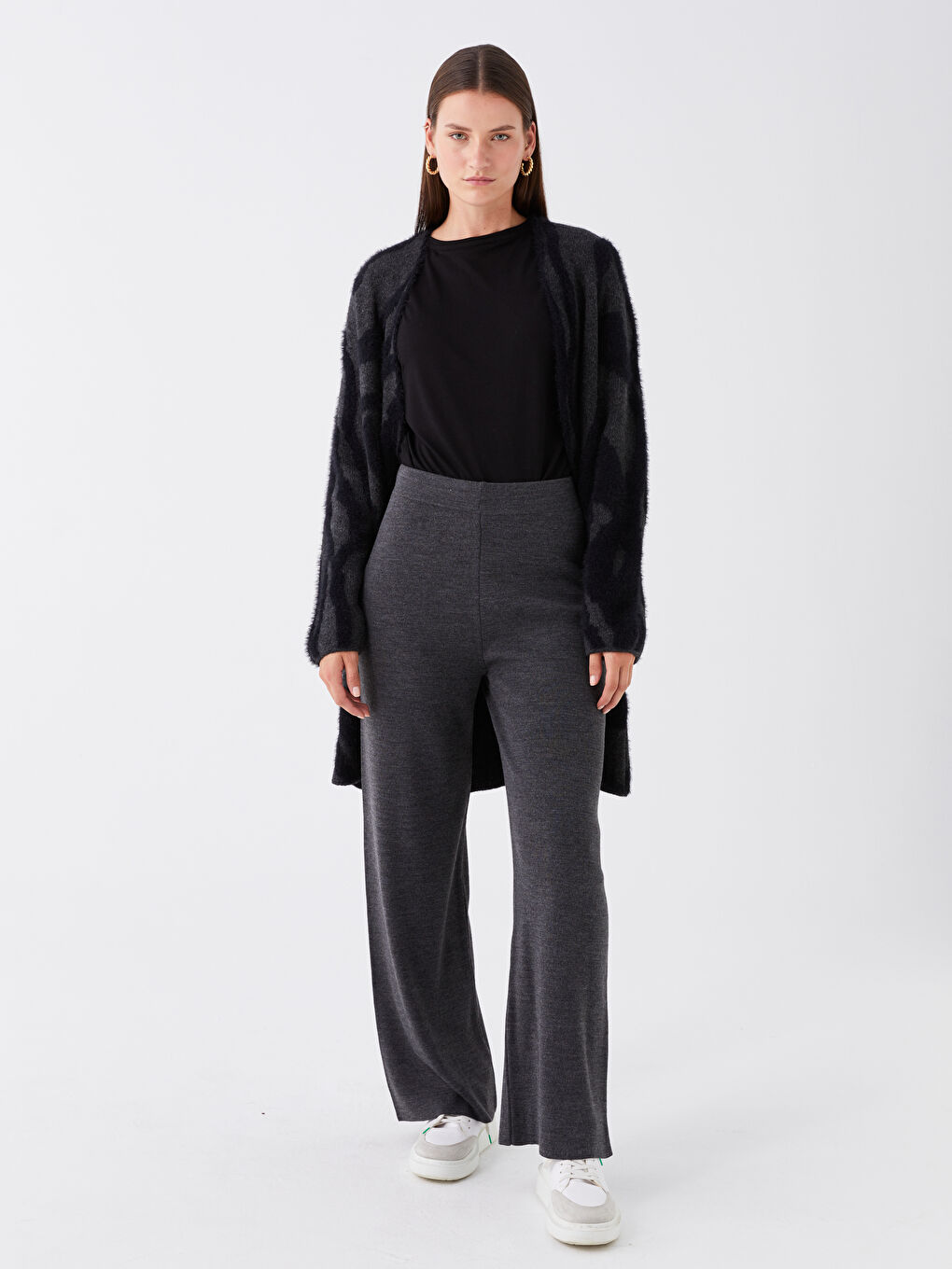 Antrasit Beli Lastikli Düz Geniş Paça Kadın Triko Pantolon