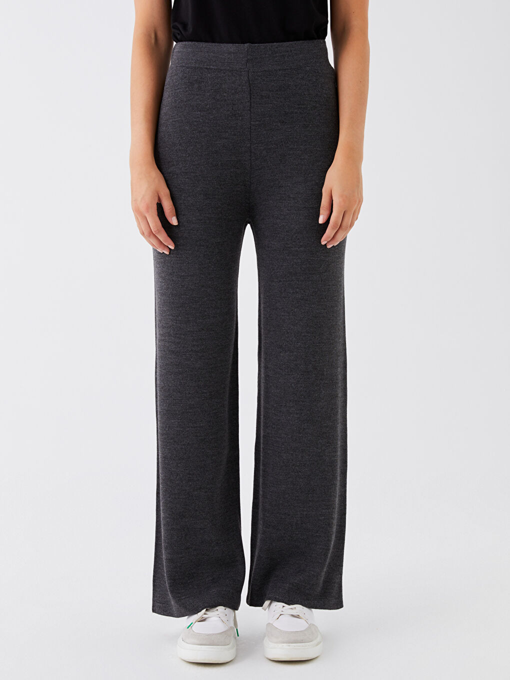 Antrasit Beli Lastikli Düz Geniş Paça Kadın Triko Pantolon-1