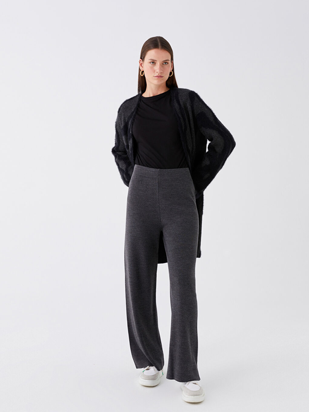 Antrasit Beli Lastikli Düz Geniş Paça Kadın Triko Pantolon-2