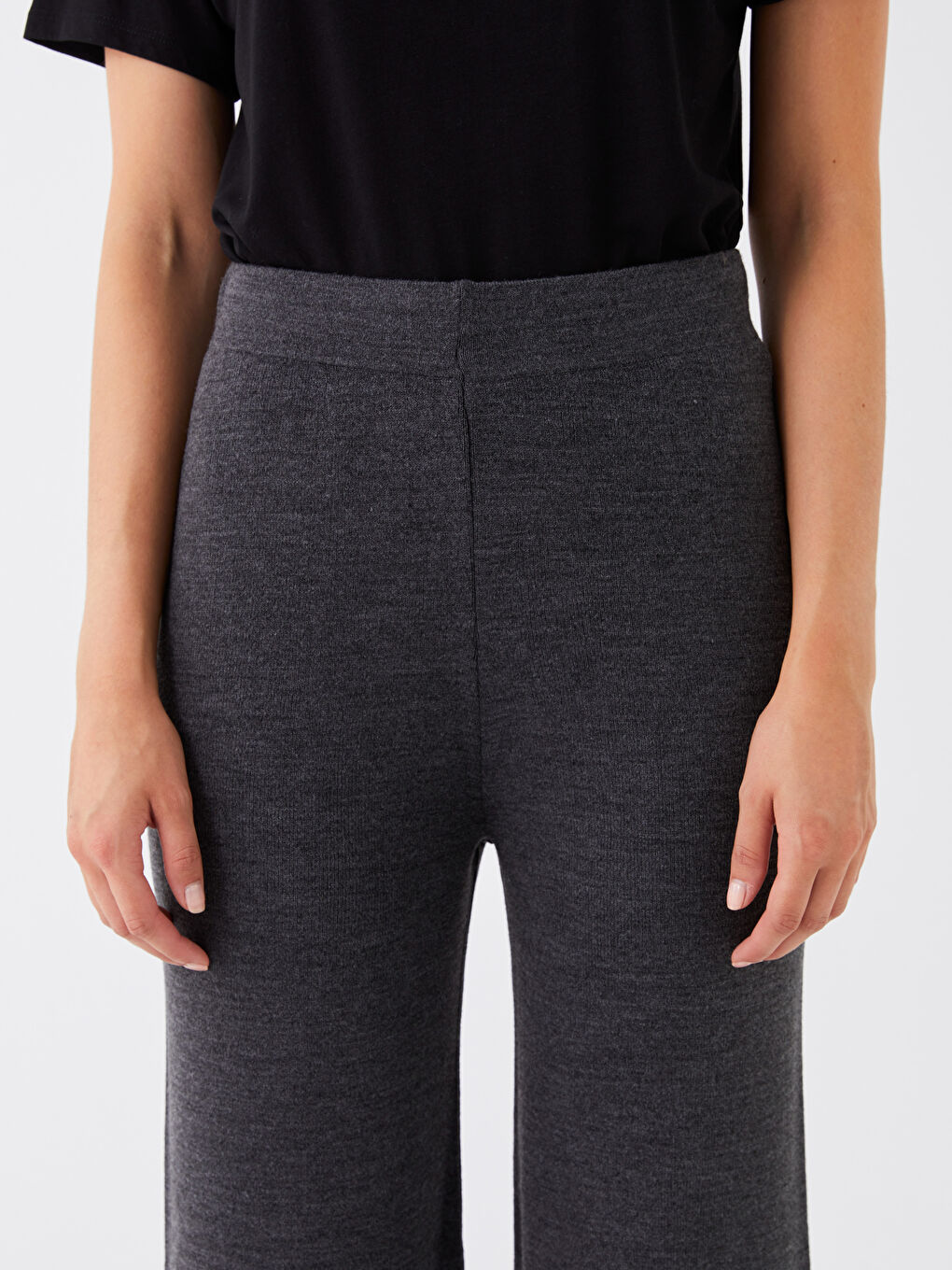 Antrasit Beli Lastikli Düz Geniş Paça Kadın Triko Pantolon-3