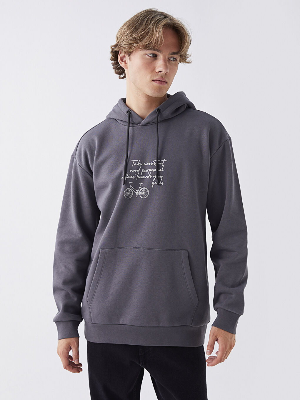 LCW Casual Antrasit Uzun Kollu Baskılı Erkek Hoodie