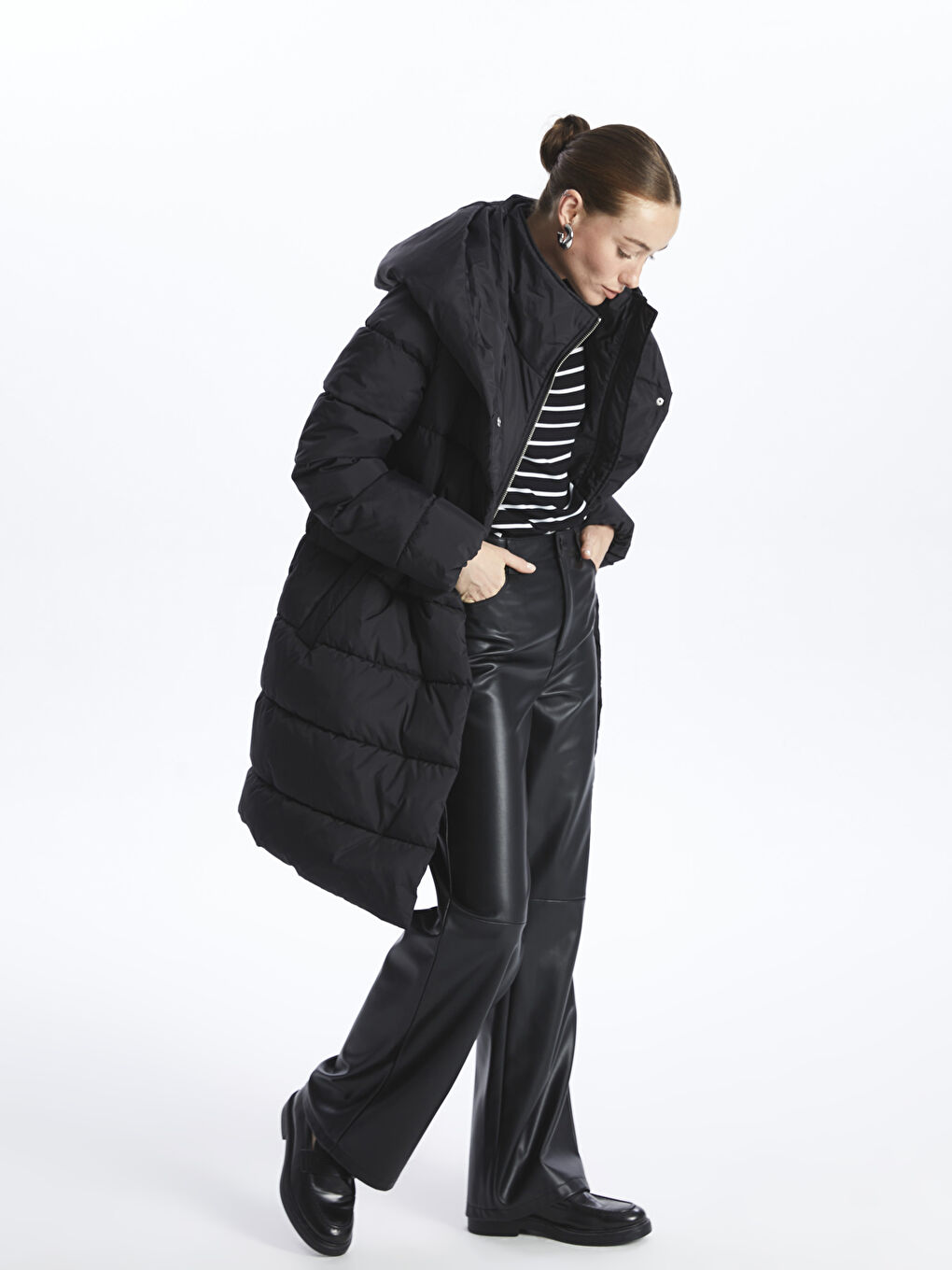 Women's Hooded Plain Puffer Coat-2