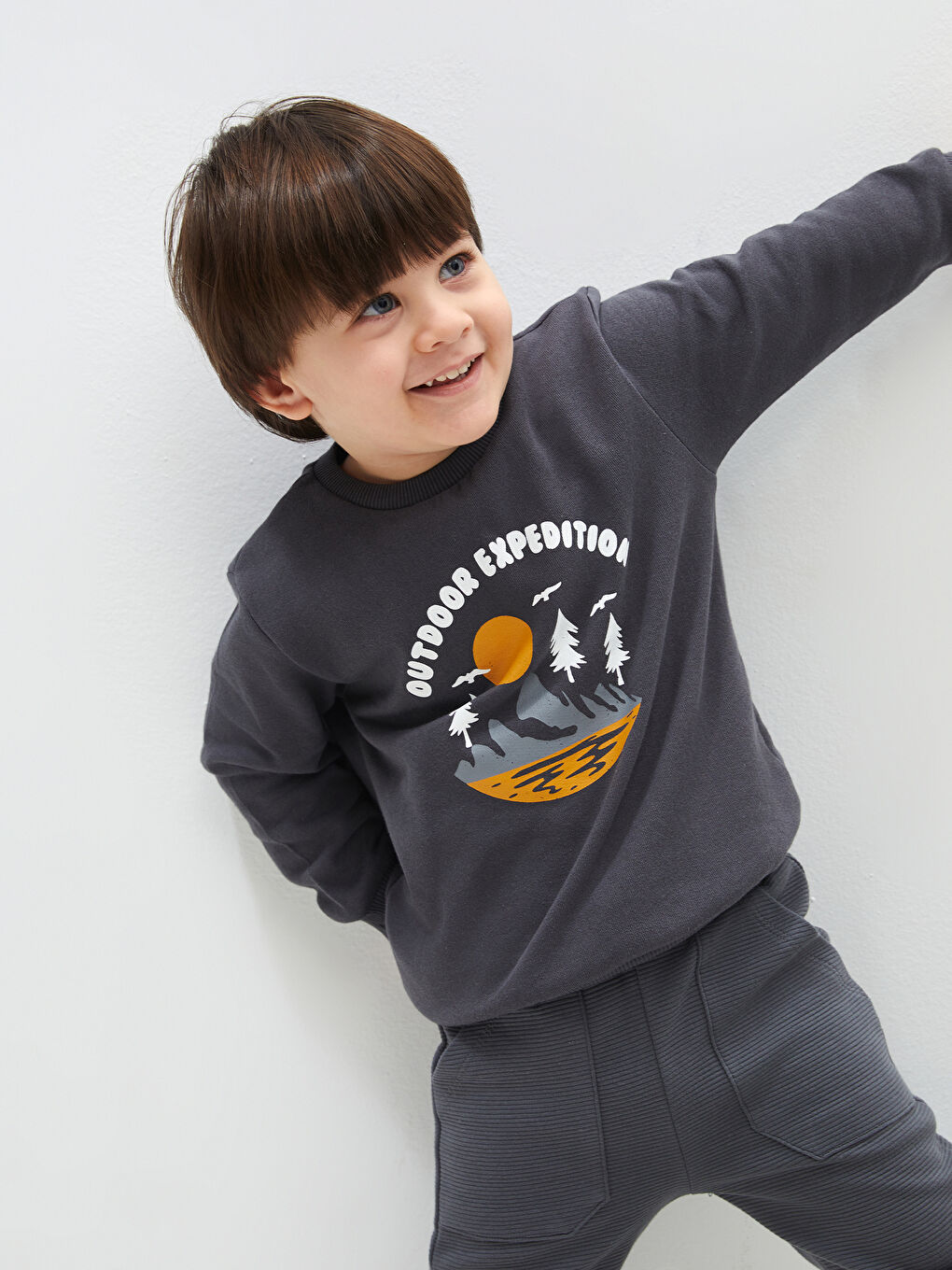 LCW baby Antrasit Bisiklet Yaka Uzun Kollu Baskılı Erkek Bebek Sweatshirt