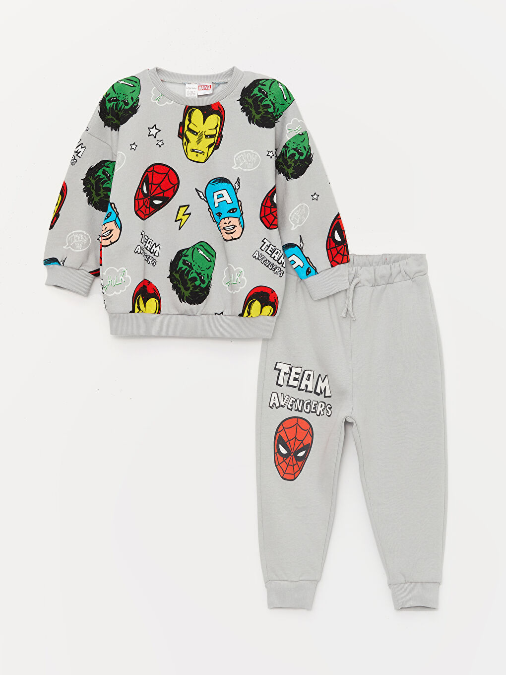 LCW baby Açık Gri Baskılı Bisiklet Yaka Marvel Baskılı Erkek Bebek Sweatshirt ve Eşofman Alt 2'li Takım