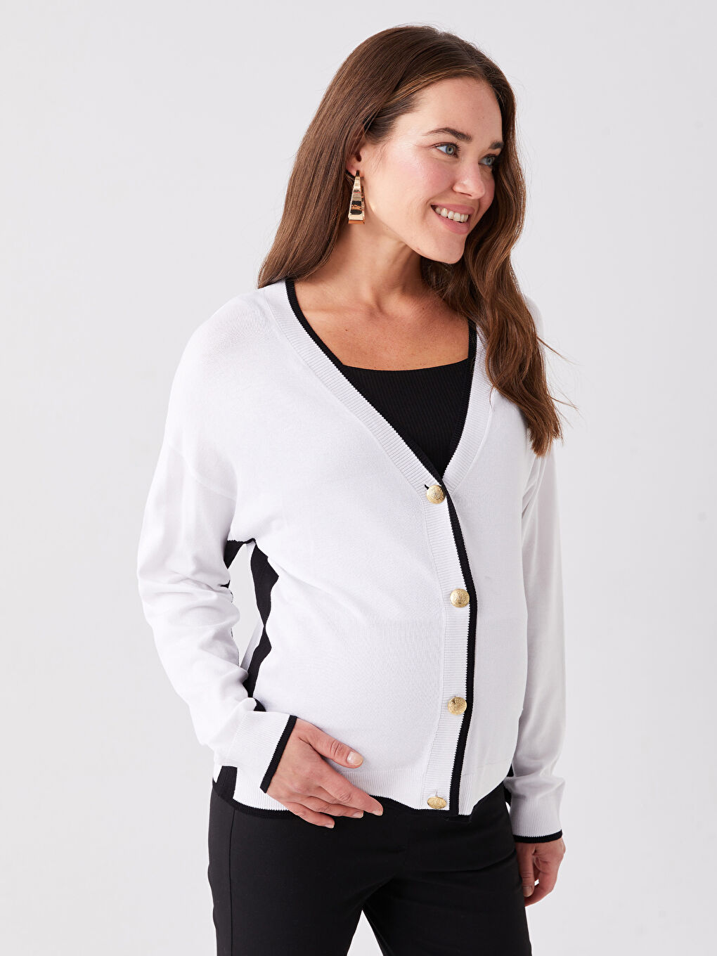 V Neck Color Block Long Sleeve Maternity Cardigan -W3DE48Z8-Q6K