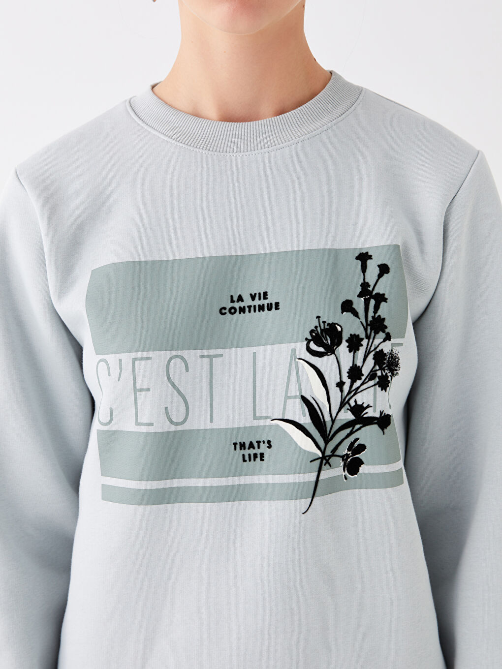 LCW Vision Açık Gri Bisiklet Yaka Baskılı Uzun Kollu Kadın Sweatshirt - 3