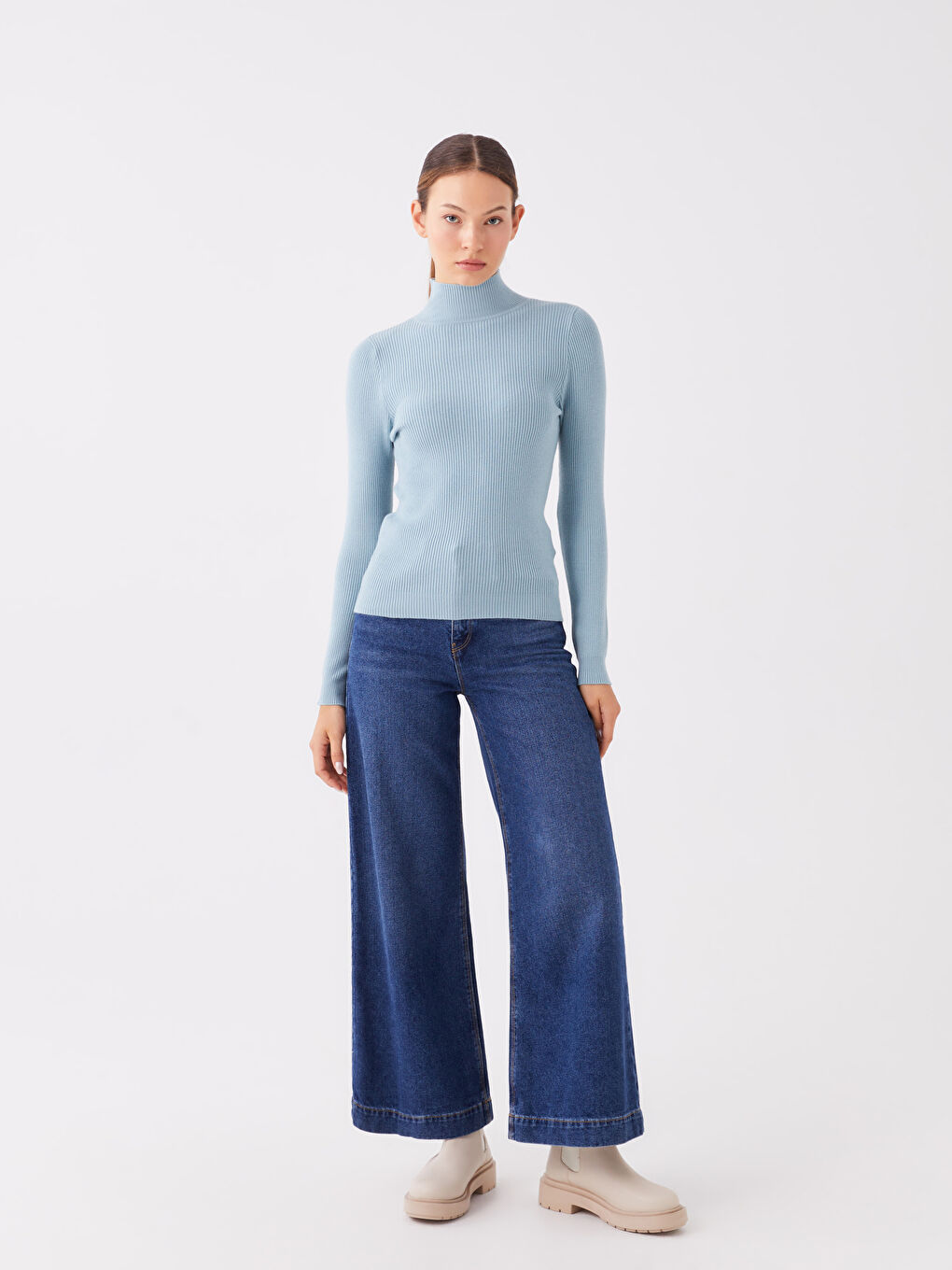 әйелдерге арналған биік жағалы өрнекті ұзын жең трикотаж жемпір-1