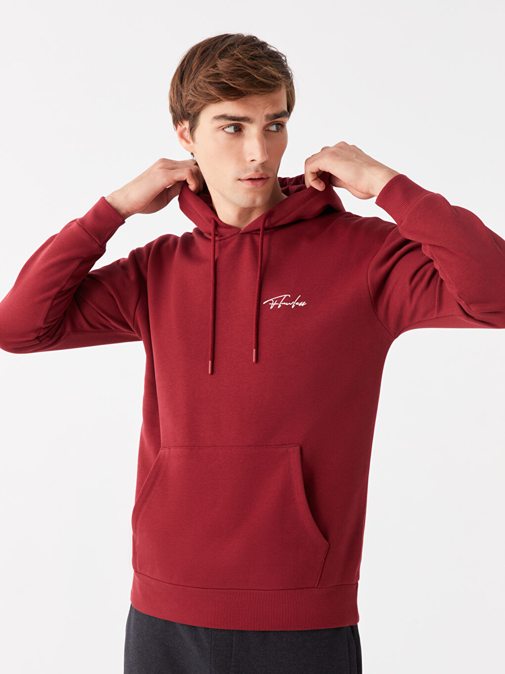 LCW Casual Bordo Uzun Kollu Baskılı Erkek Hoodie