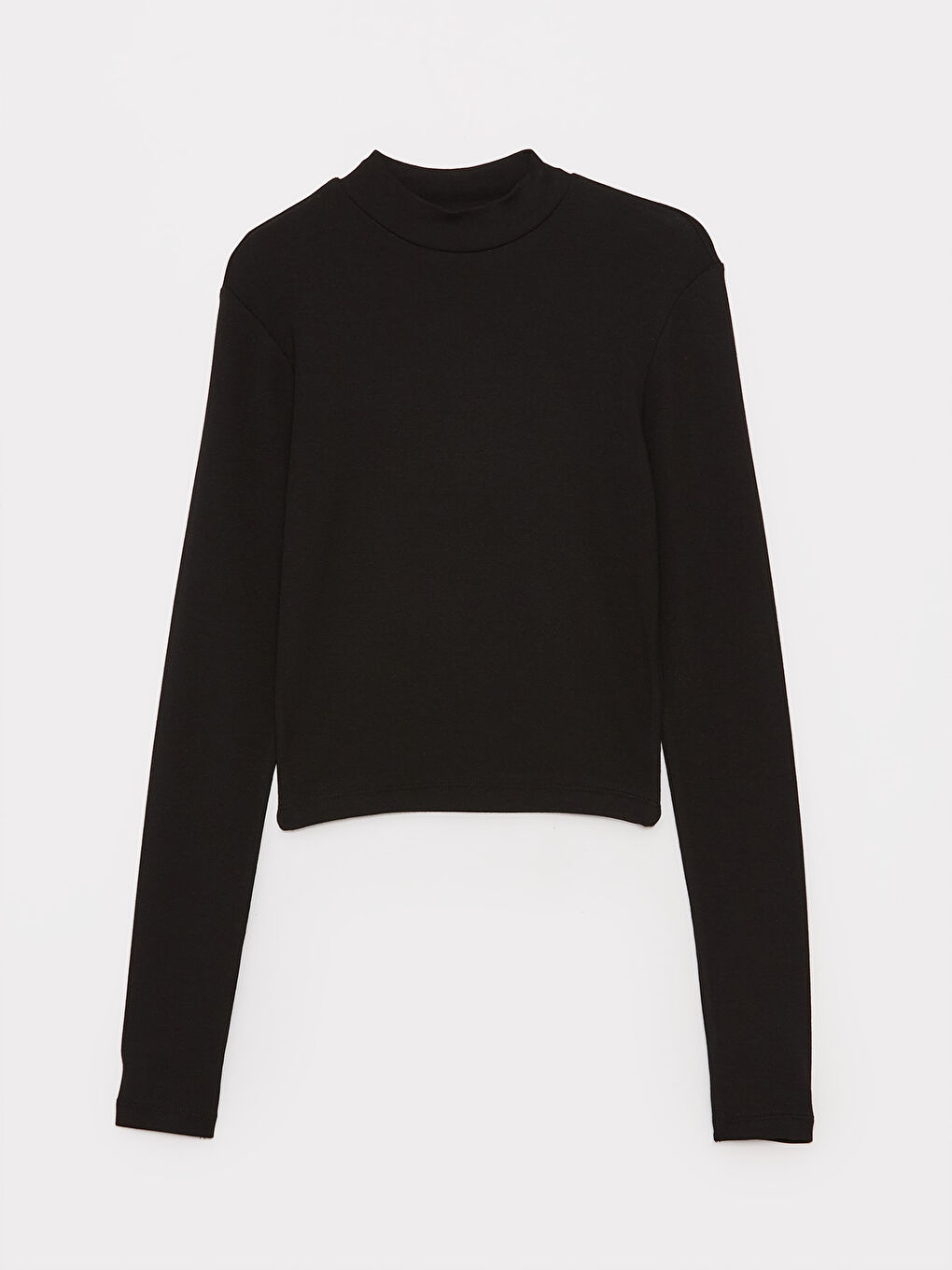 Siyah Dik Yaka Düz Uzun Kollu Kadın Tişört-5