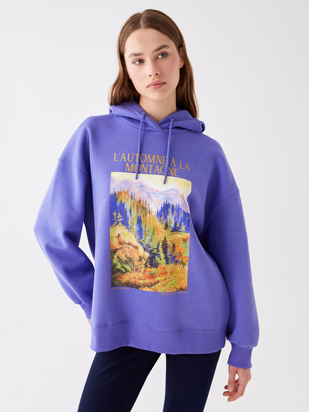 Mor Baskılı Oversize Kadın Kalın Hoodie