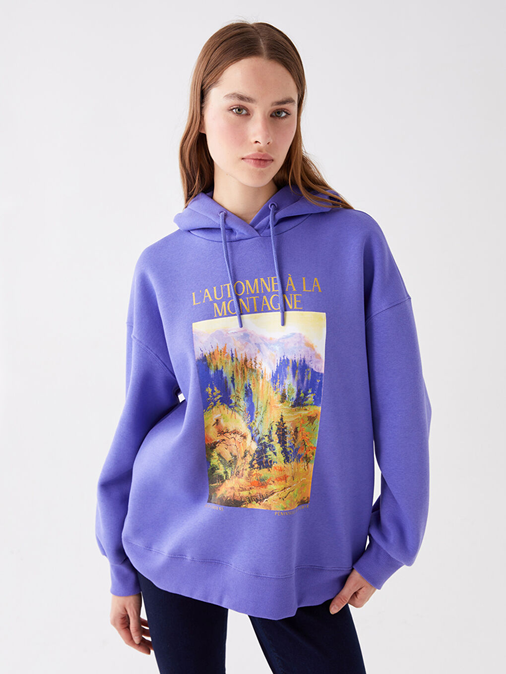 Mor Baskılı Oversize Kadın Kalın Hoodie-1