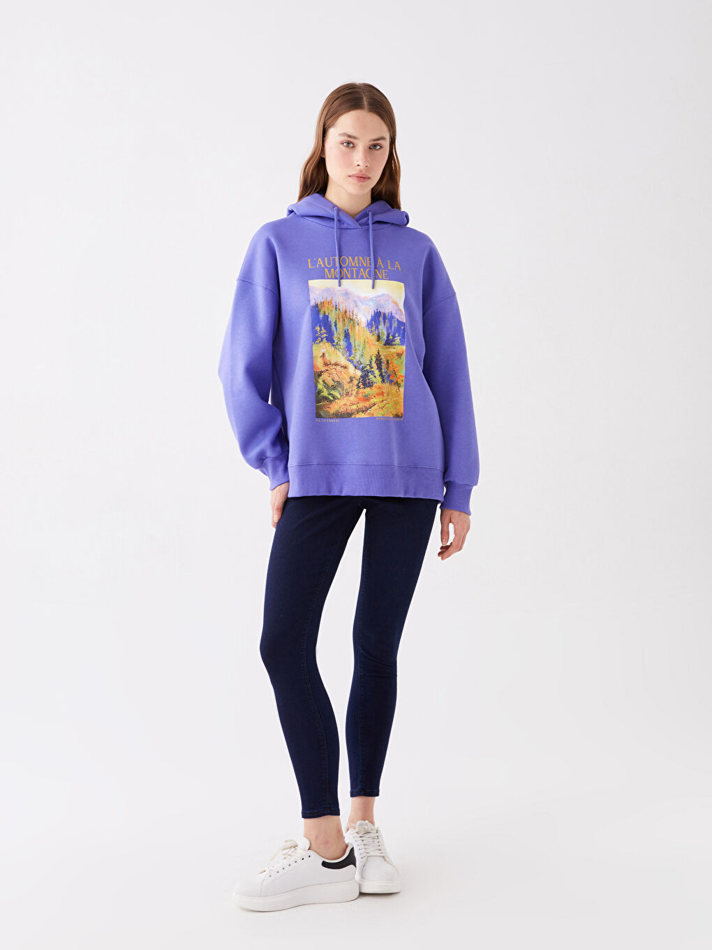Mor Baskılı Oversize Kadın Kalın Hoodie-2
