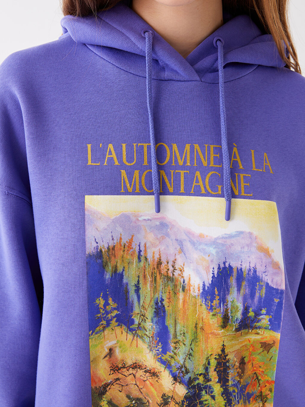 Mor Baskılı Oversize Kadın Kalın Hoodie-3