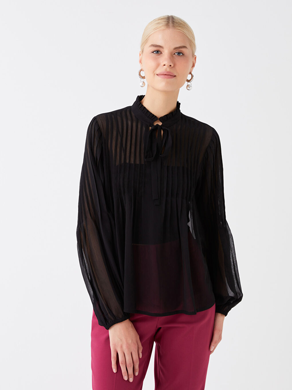 Bluza za Žene s Vezanjem oko Vrata, Obična, Dugi Rukav-1