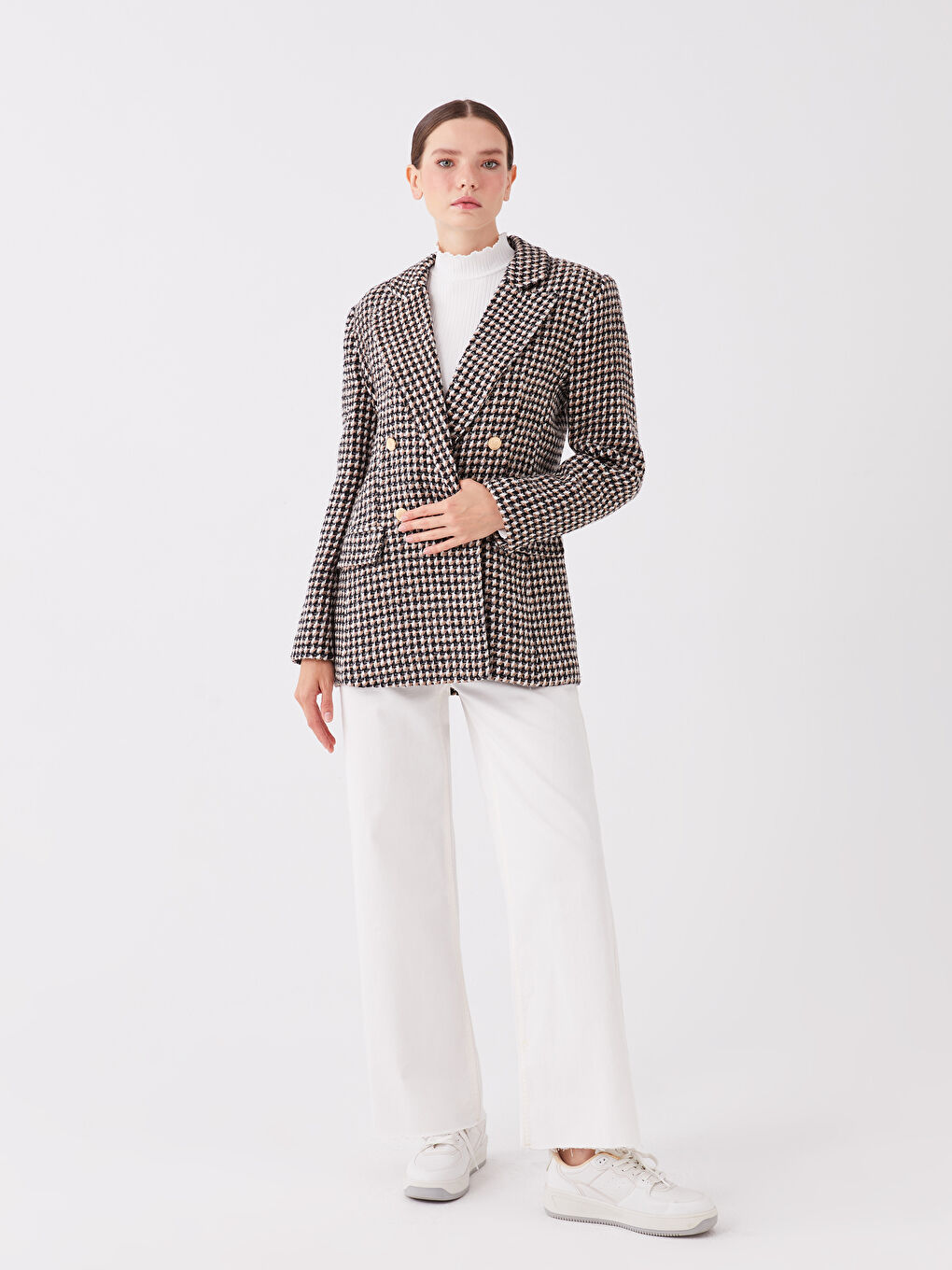 Kahverengi Desenli Uzun Kollu Kadın Tüvit Blazer Ceket-2