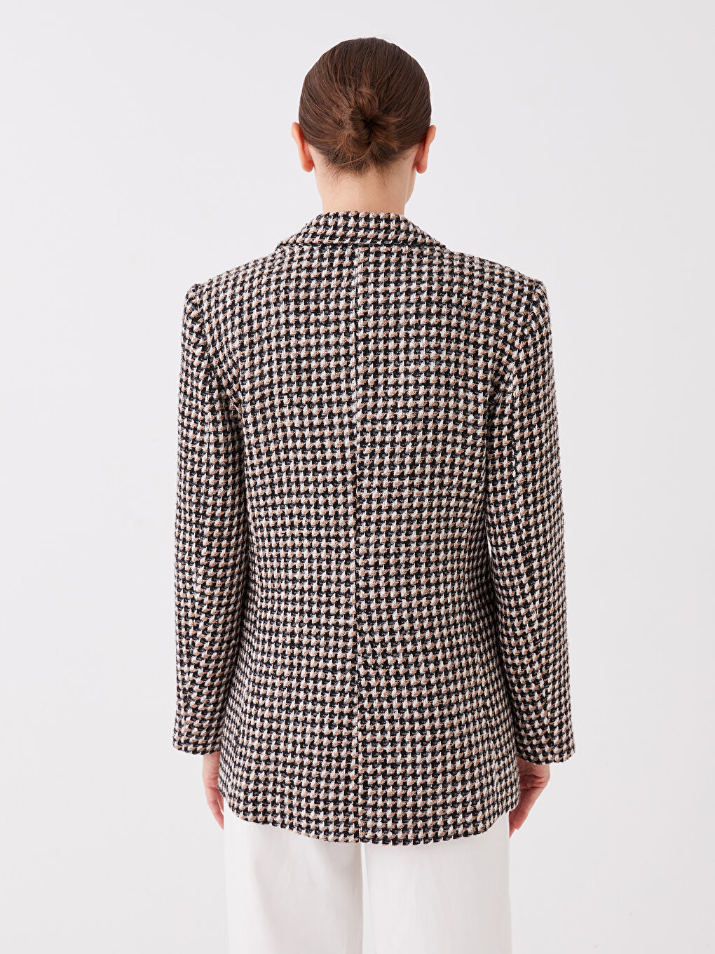 Kahverengi Desenli Uzun Kollu Kadın Tüvit Blazer Ceket-4