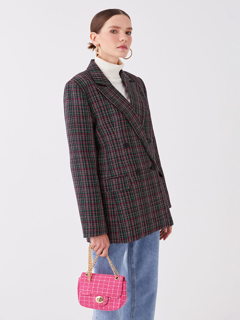 Karışık Desenli Uzun Kollu Kadın Tüvit Blazer Ceket-1