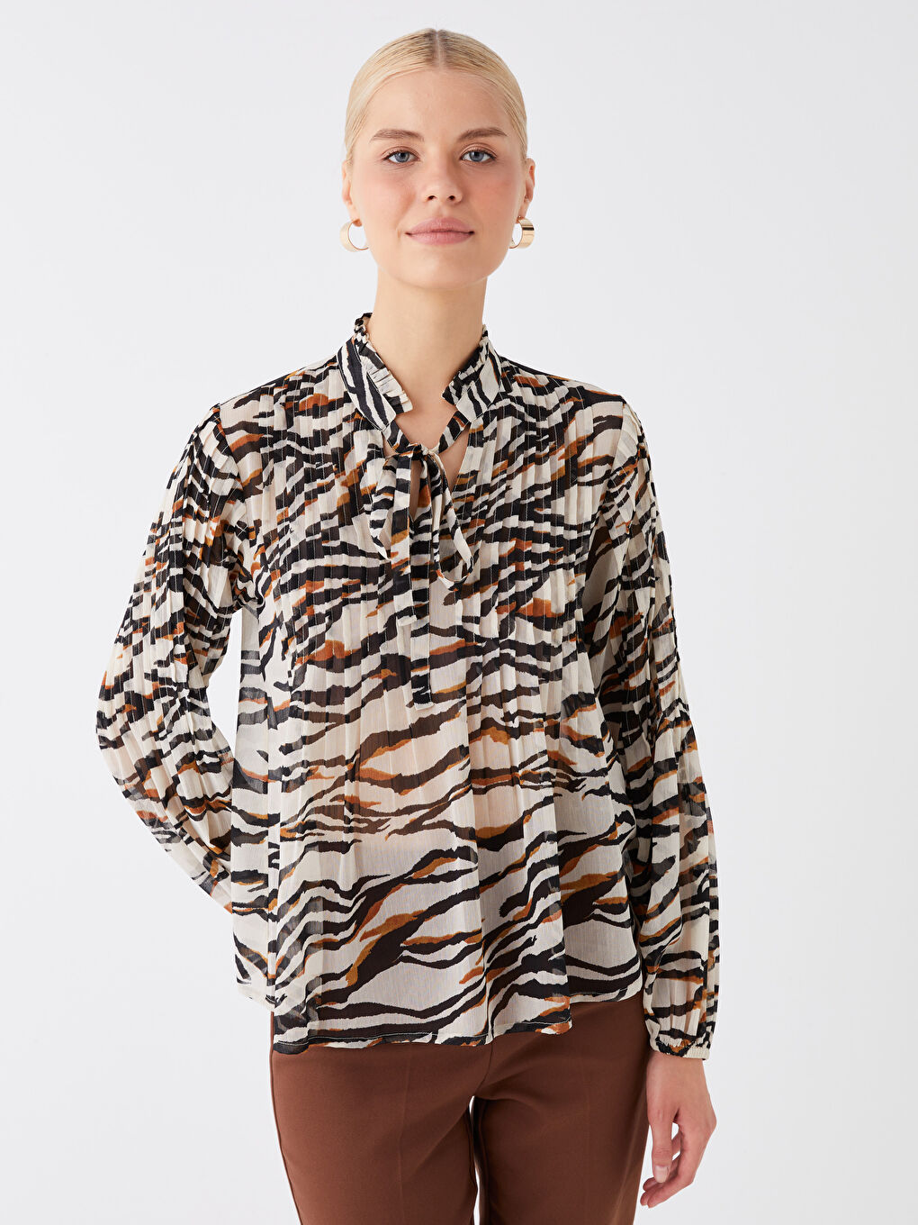 LCW Vision Tie Neck Patterned Long Sleeve Women's Blouse -W3DJ71Z8-LRA